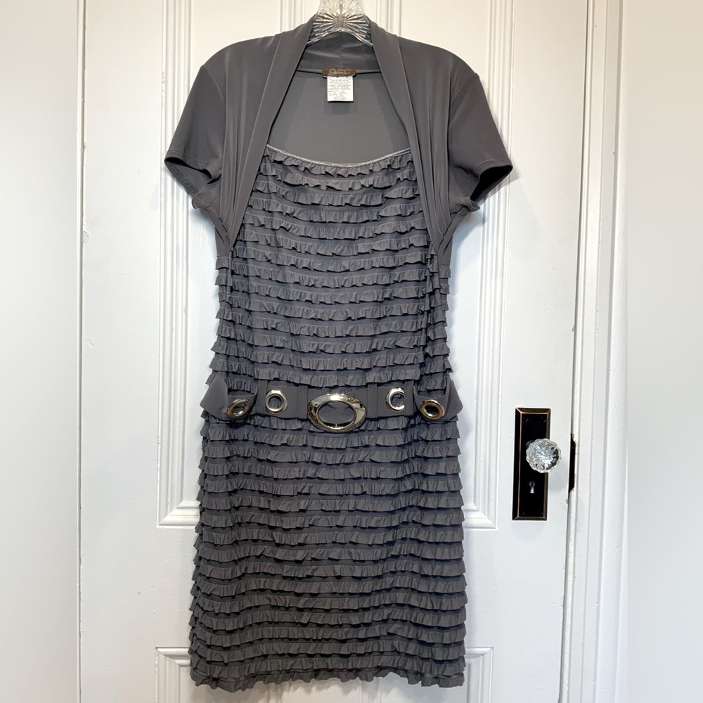Jessica Slip-On Charcoal Ruffled  Dress with Attached Faux Silver Belt - Size 10